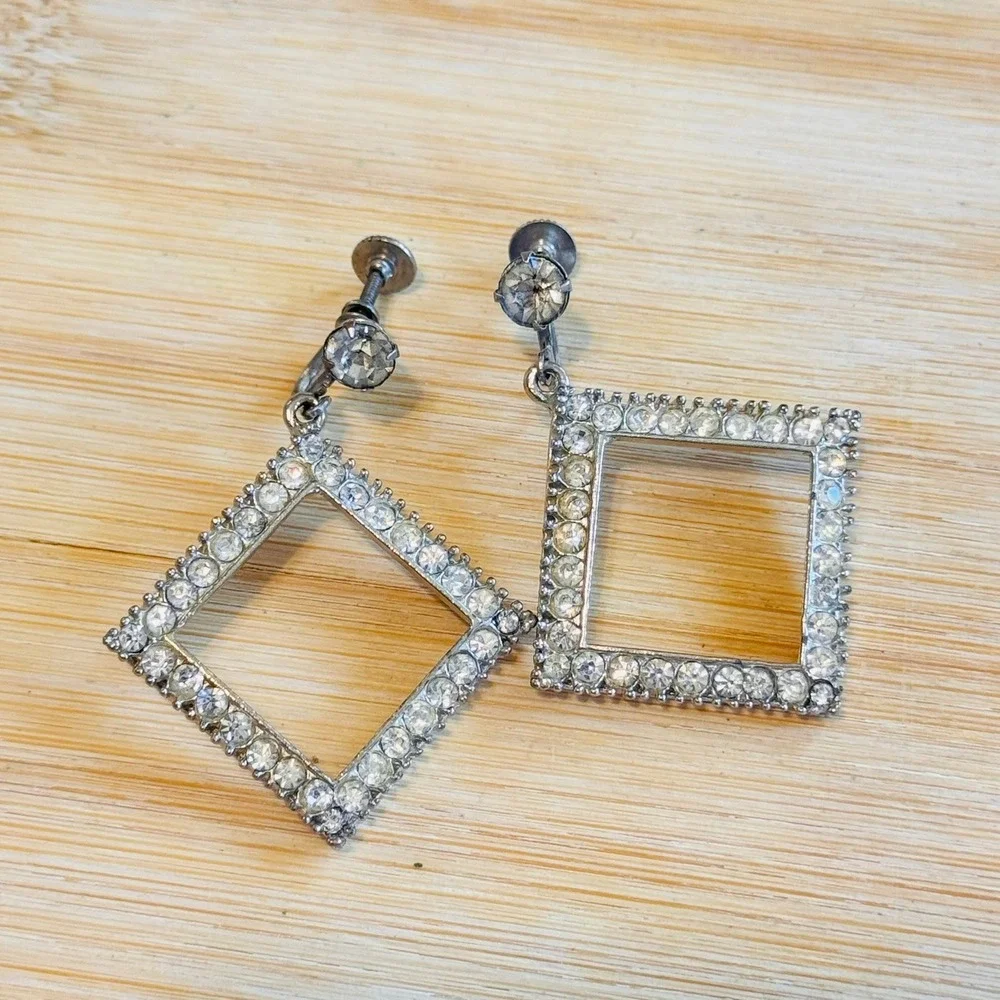VTG Art Deco Screw‎ back Rhinestone Earrings Statement Dangle Silver Tone Rare